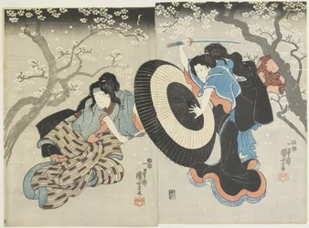 (Två kvinnor som slåss under körsbärsträd, en scen från en Kabuki-pjäs), 1847-1852